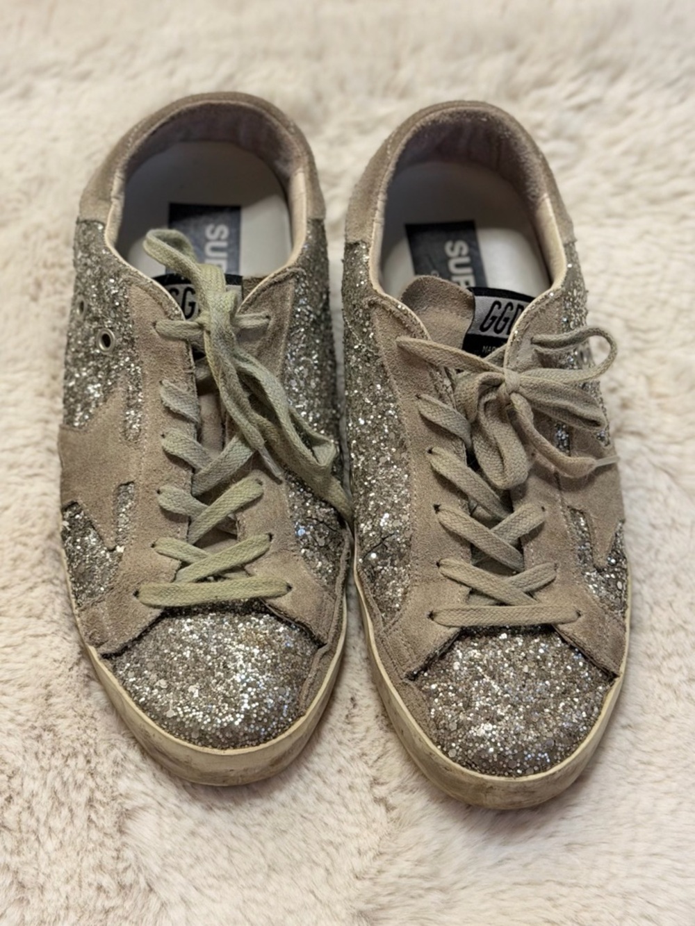 Golden Goose Silver Glitter and Suede
Superstar Lace Up Sneakers